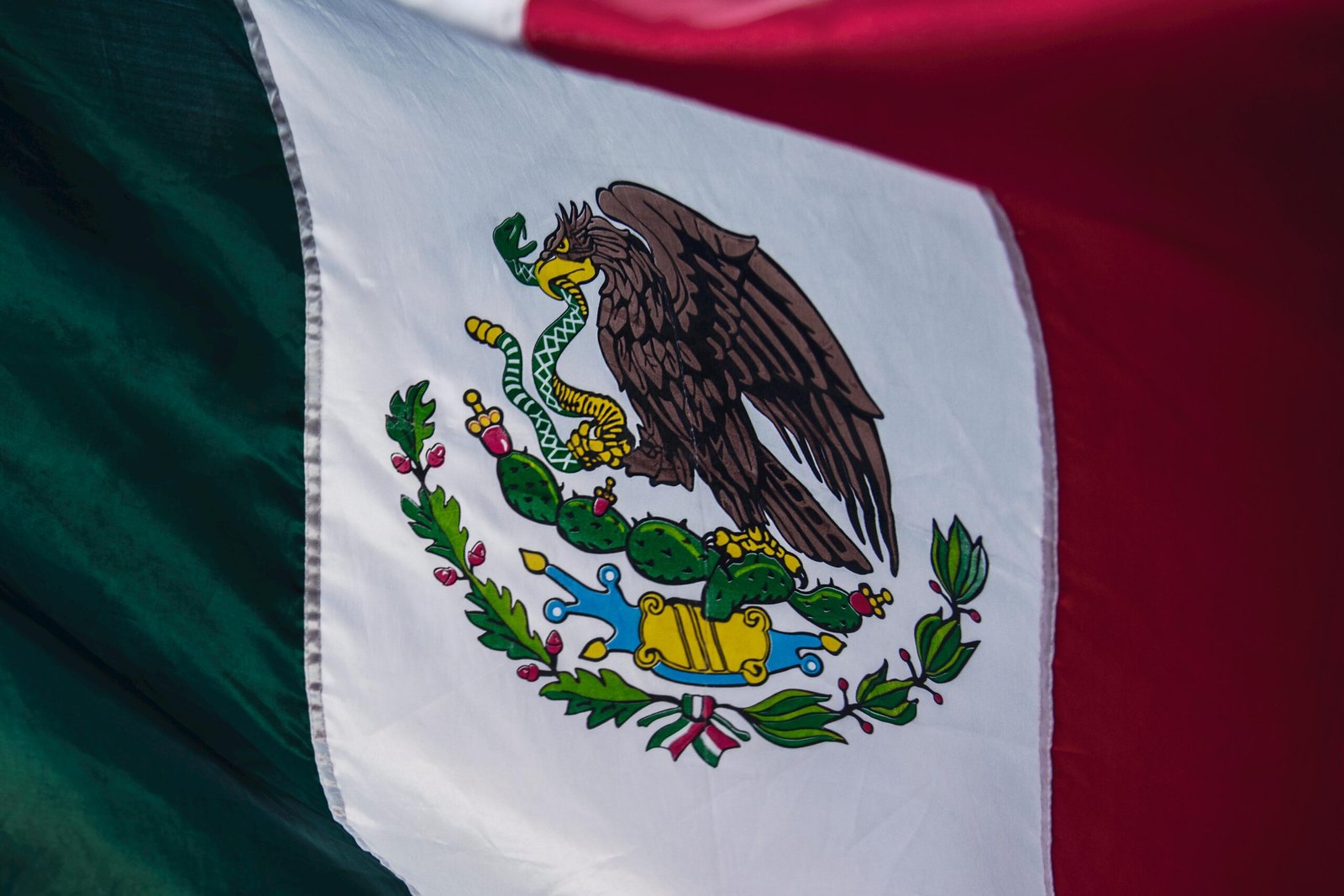 Detailed close-up of the Mexican flag showcasing its vibrant colors and emblem.